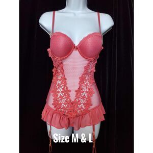 NWT Spree Intimates Y2K Coquette Floral Lace Pink Corset-Style Babydoll Top, M